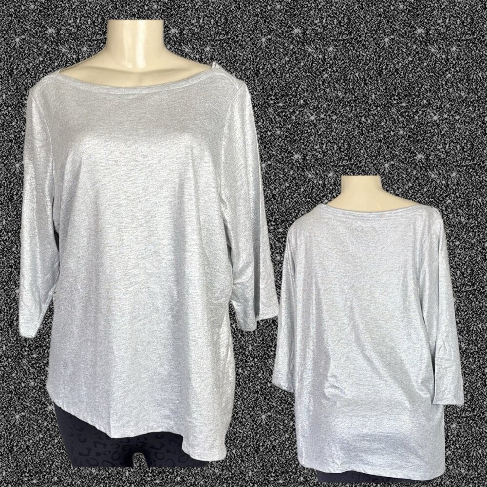 Denim 24/7 +1X Gray Shimmer Metallic Bateau Neck Slub Jersey Knit 3/4 Sleeve Top